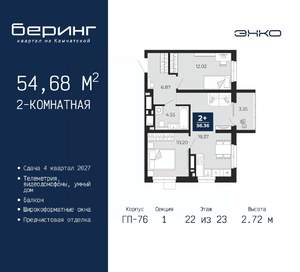 2-к квартира, вторичка, 55м2, 22/23 этаж