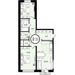 2-к квартира, вторичка, 69м2, 1/4 этаж