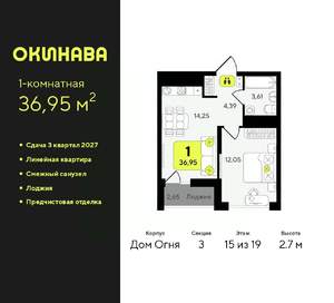 1-к квартира, вторичка, 37м2, 15/19 этаж
