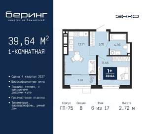 1-к квартира, вторичка, 40м2, 6/17 этаж