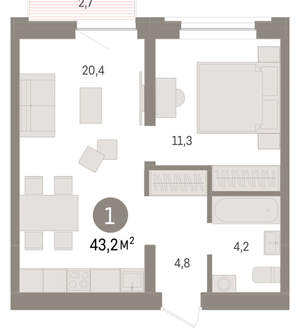 1-к квартира, вторичка, 43м2, 4/10 этаж