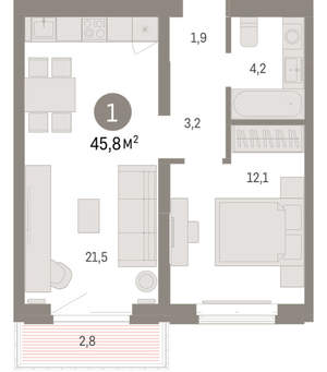1-к квартира, вторичка, 46м2, 5/16 этаж