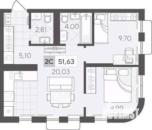 2-к квартира, вторичка, 52м2, 13/17 этаж