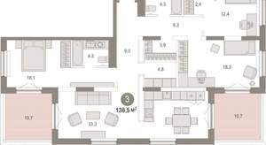 3-к квартира, вторичка, 139м2, 17/17 этаж