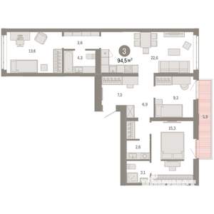 3-к квартира, вторичка, 94м2, 3/9 этаж