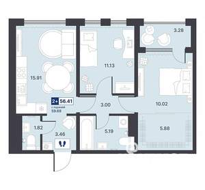 2-к квартира, строящийся дом, 56м2, 3/14 этаж