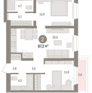 2-к квартира, вторичка, 67м2, 6/16 этаж