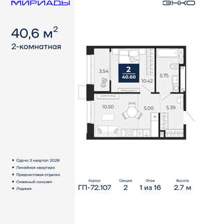 2-к квартира, вторичка, 41м2, 1/16 этаж