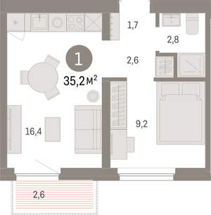 1-к квартира, вторичка, 35м2, 9/16 этаж