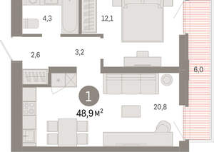 1-к квартира, вторичка, 49м2, 3/25 этаж