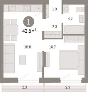 1-к квартира, вторичка, 42м2, 3/8 этаж