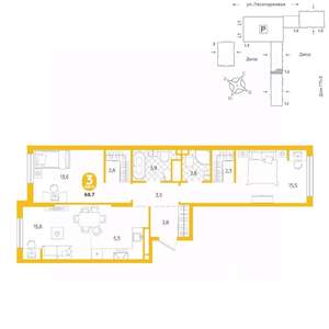 3-к квартира, строящийся дом, 69м2, 4/24 этаж