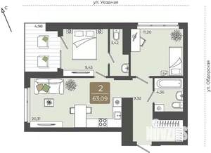 2-к квартира, вторичка, 63м2, 14/15 этаж