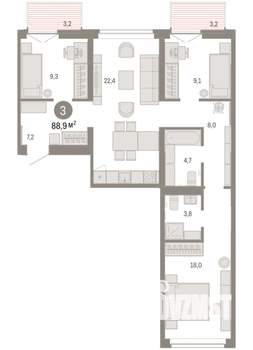 3-к квартира, вторичка, 89м2, 6/7 этаж