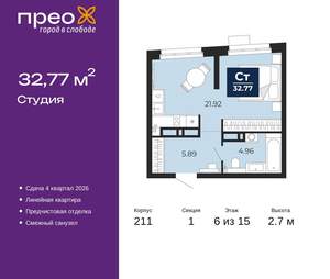 Студия квартира, вторичка, 33м2, 6/21 этаж