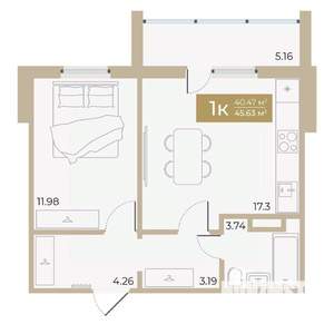 1-к квартира, строящийся дом, 40м2, 12/18 этаж