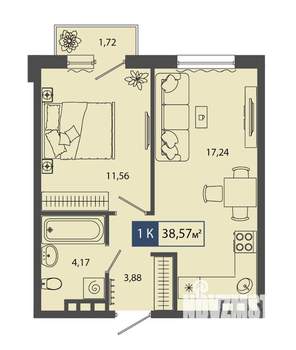 1-к квартира, строящийся дом, 39м2, 2/4 этаж