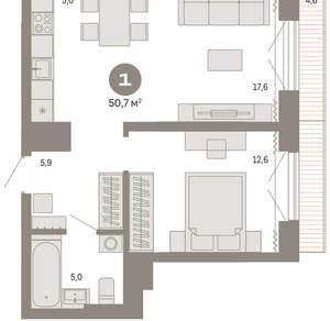 1-к квартира, вторичка, 51м2, 6/9 этаж