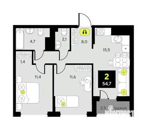 2-к квартира, вторичка, 55м2, 19/23 этаж