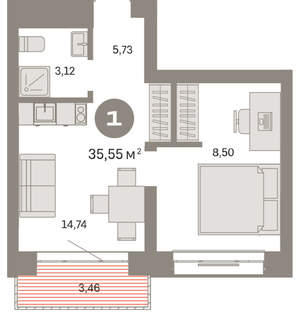1-к квартира, вторичка, 36м2, 4/8 этаж