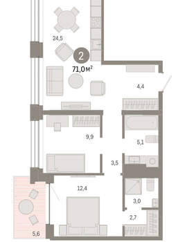 2-к квартира, вторичка, 71м2, 7/8 этаж
