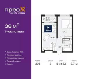 1-к квартира, вторичка, 38м2, 5/23 этаж