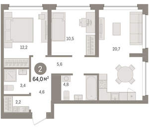 2-к квартира, вторичка, 64м2, 2/8 этаж