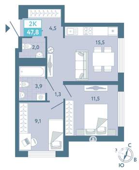 1-к квартира, строящийся дом, 48м2, 3/19 этаж