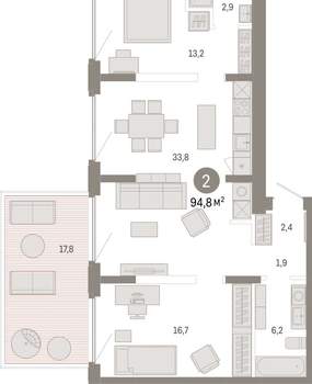 2-к квартира, вторичка, 95м2, 2/16 этаж