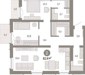 2-к квартира, вторичка, 83м2, 12/16 этаж
