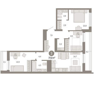 3-к квартира, вторичка, 77м2, 9/17 этаж