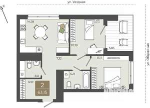 2-к квартира, вторичка, 63м2, 14/15 этаж