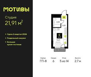 Студия квартира, вторичка, 22м2, 5/14 этаж