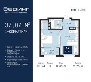 1-к квартира, вторичка, 37м2, 8/9 этаж