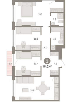 3-к квартира, вторичка, 84м2, 3/8 этаж