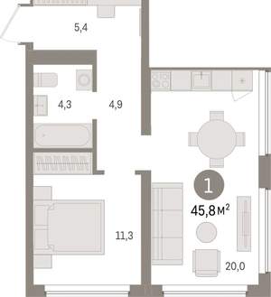 1-к квартира, вторичка, 46м2, 2/9 этаж