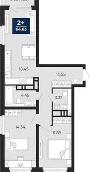 2-к квартира, вторичка, 63м2, 19/22 этаж