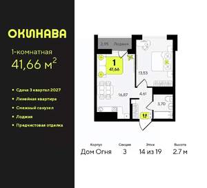 1-к квартира, вторичка, 42м2, 14/19 этаж