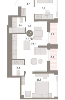 2-к квартира, вторичка, 63м2, 23/25 этаж