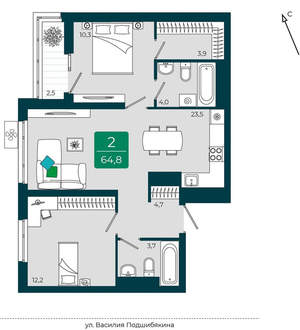 2-к квартира, вторичка, 65м2, 6/16 этаж