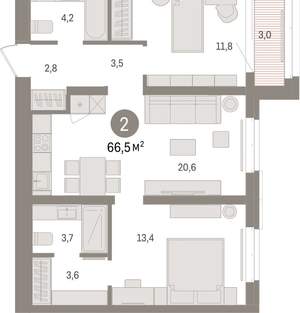 2-к квартира, вторичка, 66м2, 4/16 этаж
