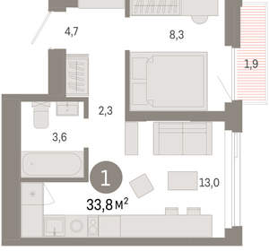 1-к квартира, вторичка, 34м2, 14/25 этаж