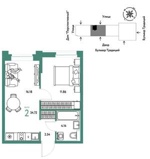 2-к квартира, вторичка, 35м2, 12/15 этаж