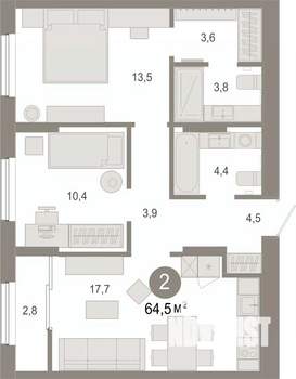 2-к квартира, вторичка, 65м2, 17/17 этаж