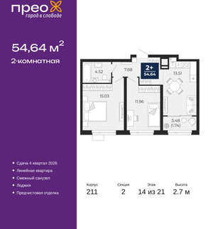 2-к квартира, вторичка, 55м2, 14/21 этаж