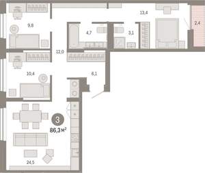 3-к квартира, вторичка, 86м2, 5/7 этаж