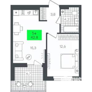 1-к квартира, строящийся дом, 43м2, 3/8 этаж