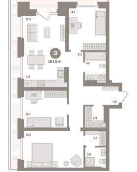3-к квартира, вторичка, 104м2, 7/9 этаж
