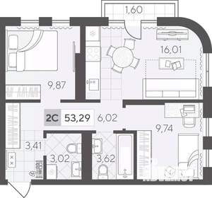 2-к квартира, вторичка, 53м2, 11/17 этаж