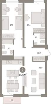 2-к квартира, вторичка, 92м2, 5/10 этаж